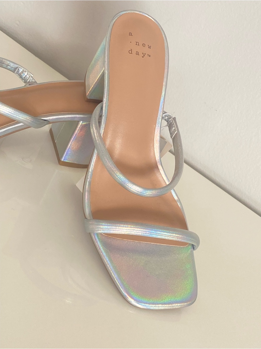 a new day Holographic Metalic Strappy Block Heel Sandal